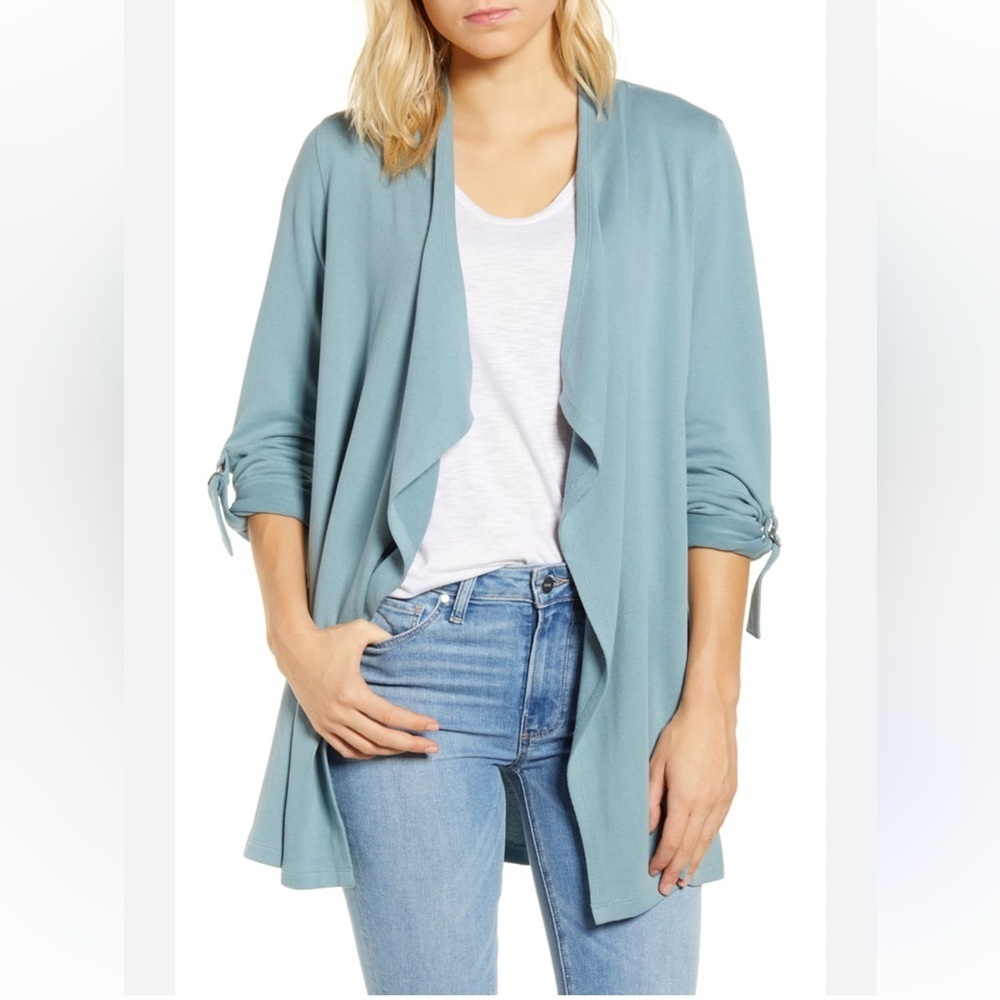Caslon Nordstrom Light Blue Open Front Waterfall Cardigan sz M